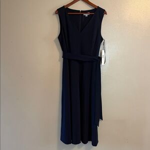 Calvin Klein Navy Sleeveless V-Neck Midi Dress with Waist Tie